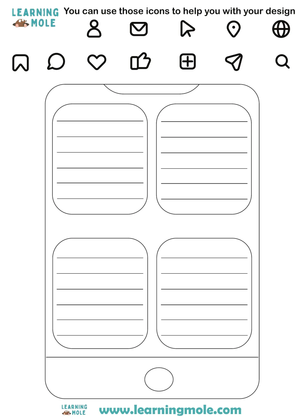 Explaining invented apps: students write why each of their 4 apps matters, using sample icons like mail and search as ideas