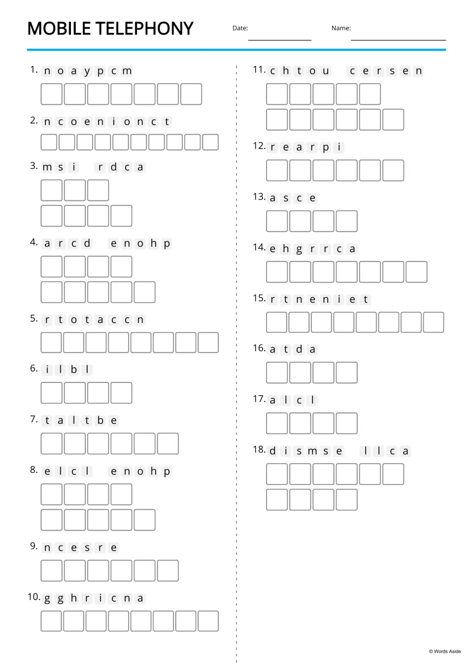 Mobile telephony anagrams: students unscramble 18 phone words such as company, sim card and charger into letter boxes