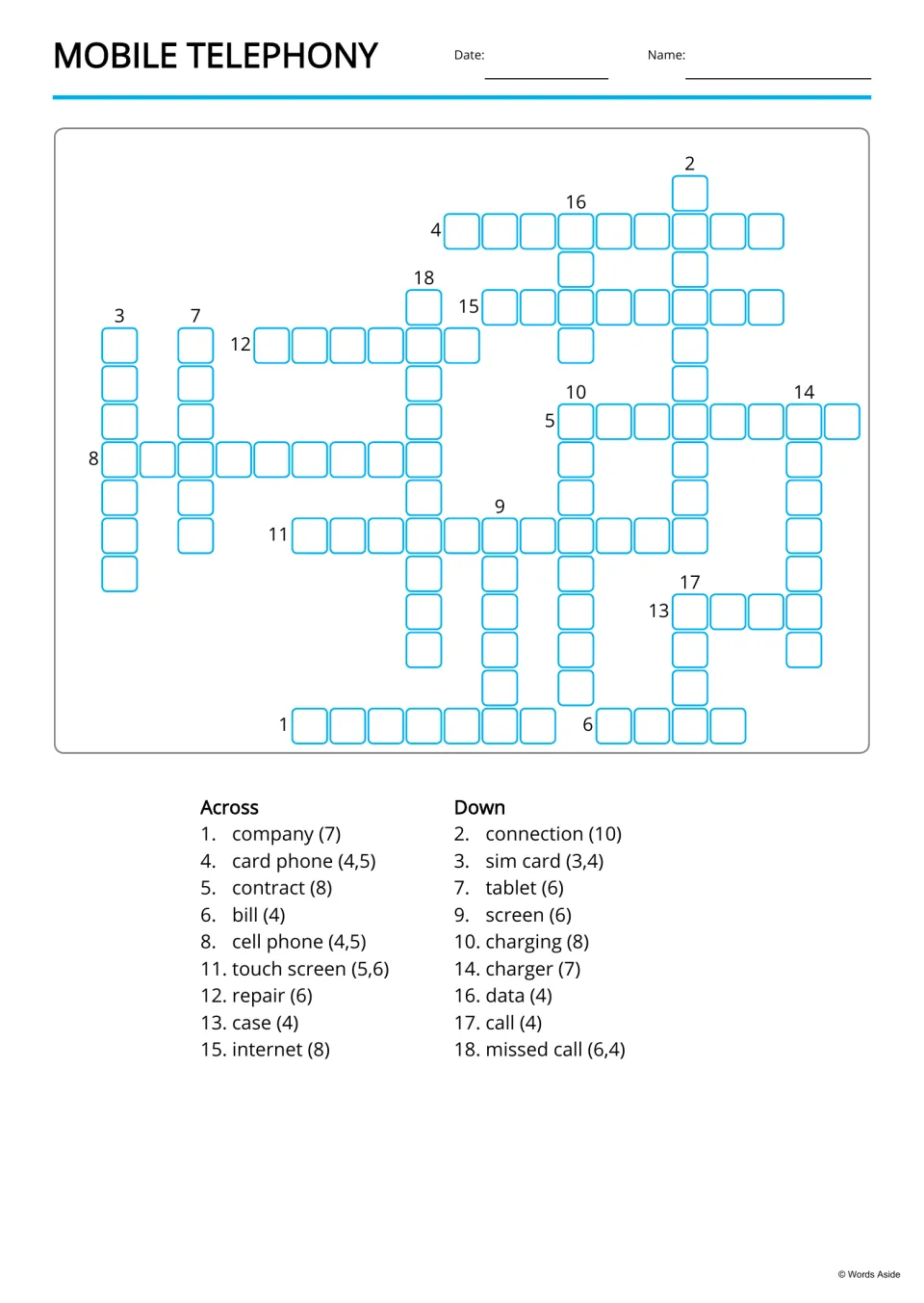 Mobile telephony crossword: students fill in 18 phone words using Across and Down clues listing each word and its length