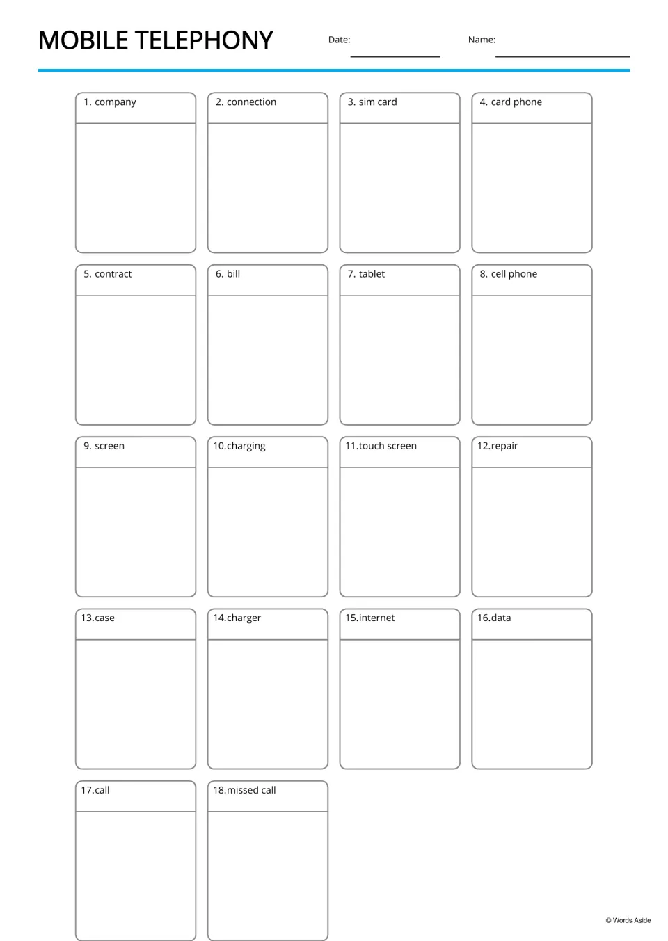 Mobile telephony vocabulary: 18 numbered phone terms, company to missed call, each above a blank space to fill in