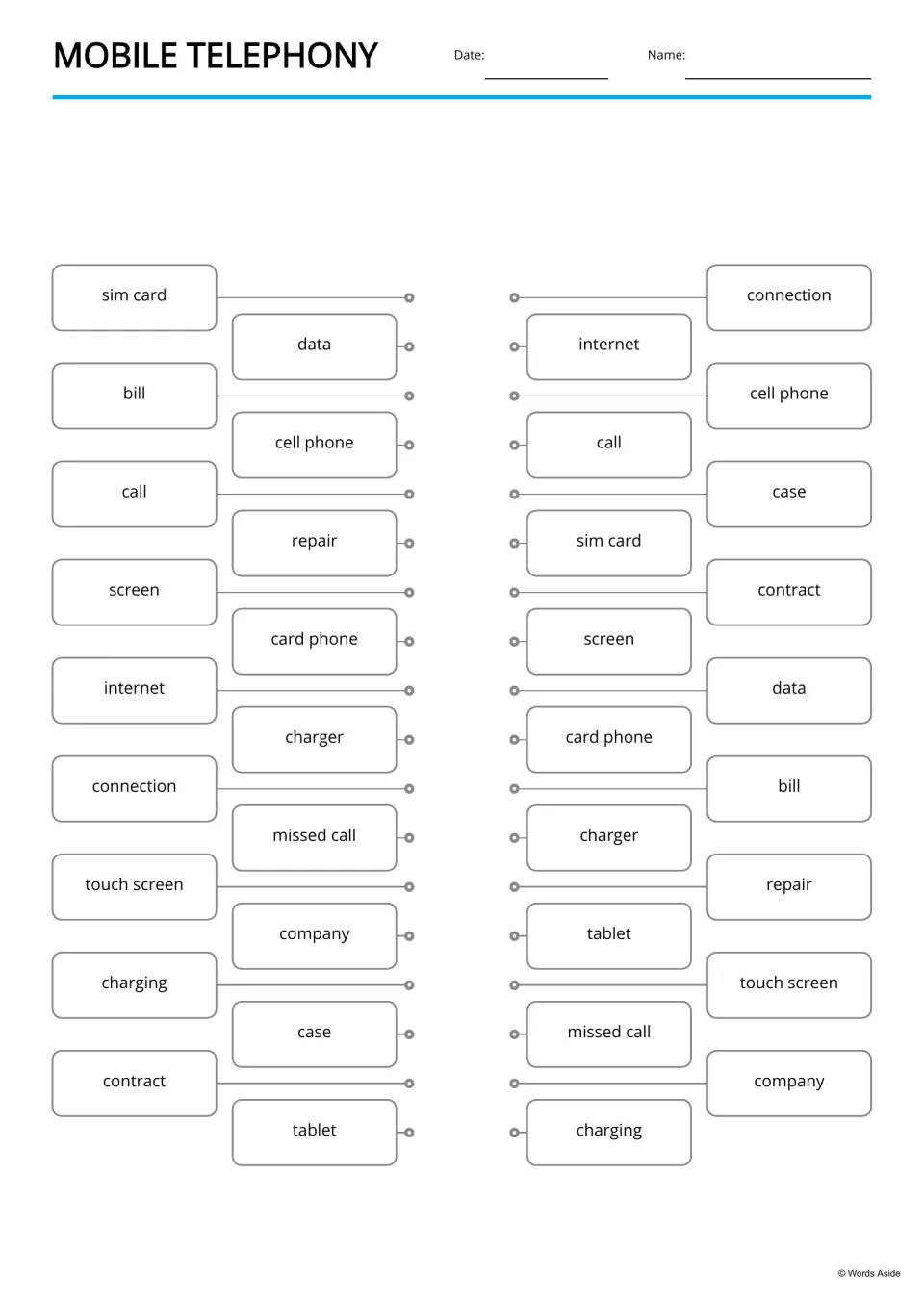 Mobile telephony word match: students draw lines joining each phone word, such as bill, to the same word opposite