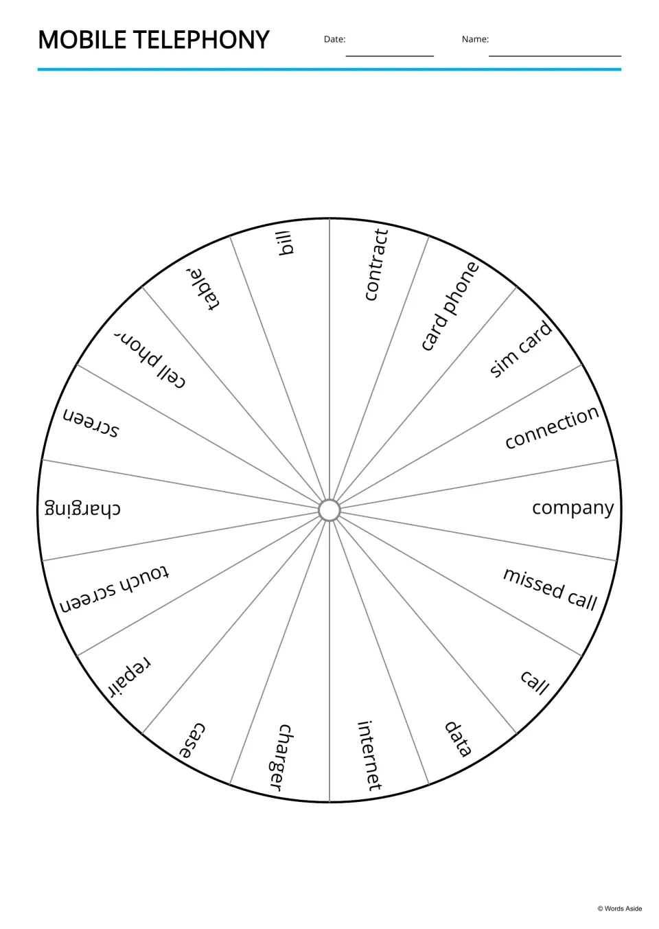 Mobile telephony word wheel: 18 phone terms such as contract, data and touch screen arranged in a circle
