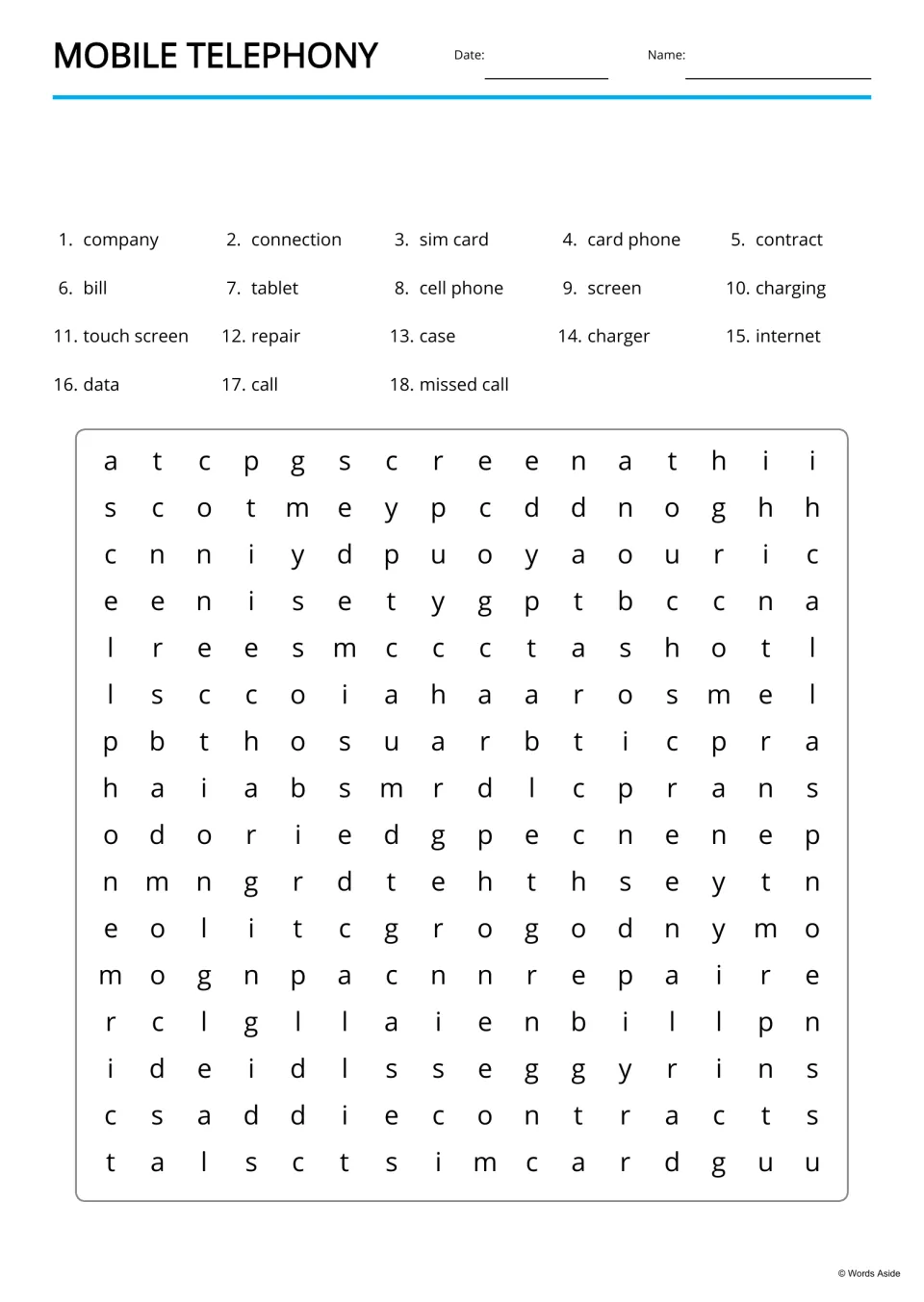 Mobile telephony word search: students find 18 phone words, including tablet, internet and missed call, in a letter grid