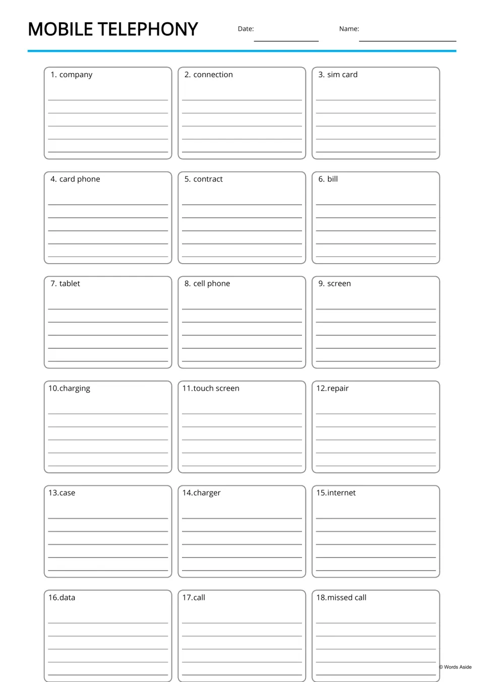Mobile telephony writing page: students write about each of 18 phone terms, from company to missed call