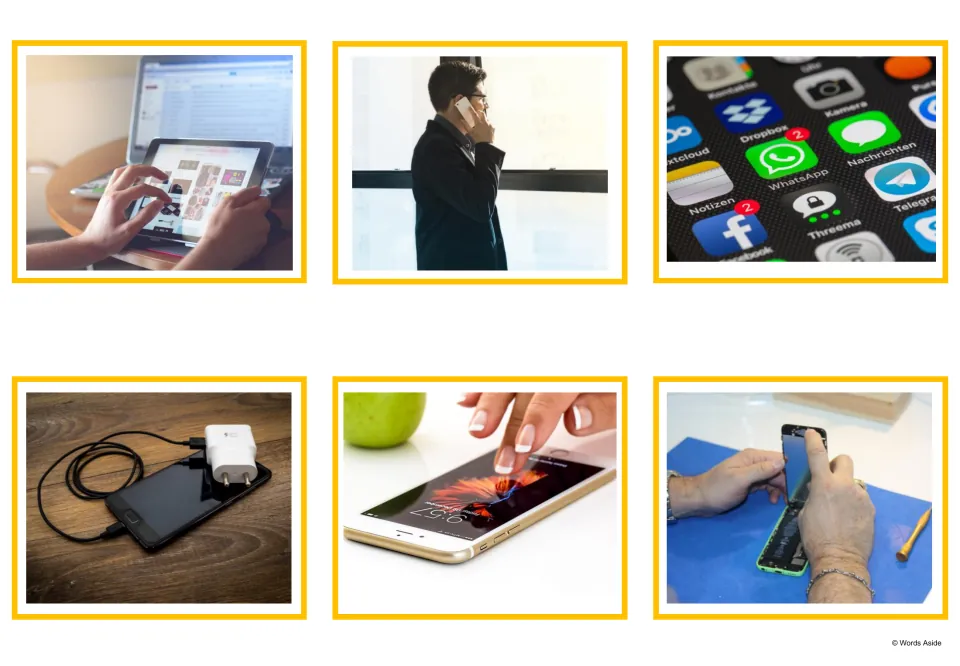 Phone photo cards: tablet in use, man on a call, app icons, phone charging, finger on a touch screen and a phone repair