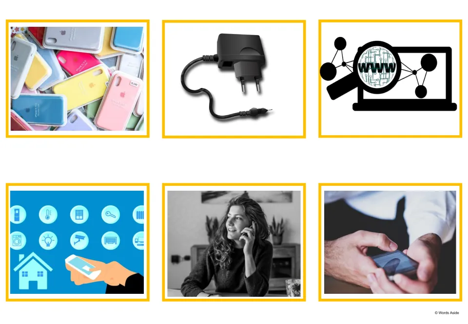Phone image cards: phone cases, charger plug, www search icon, smart-home icons, a woman on a call and hands on a phone
