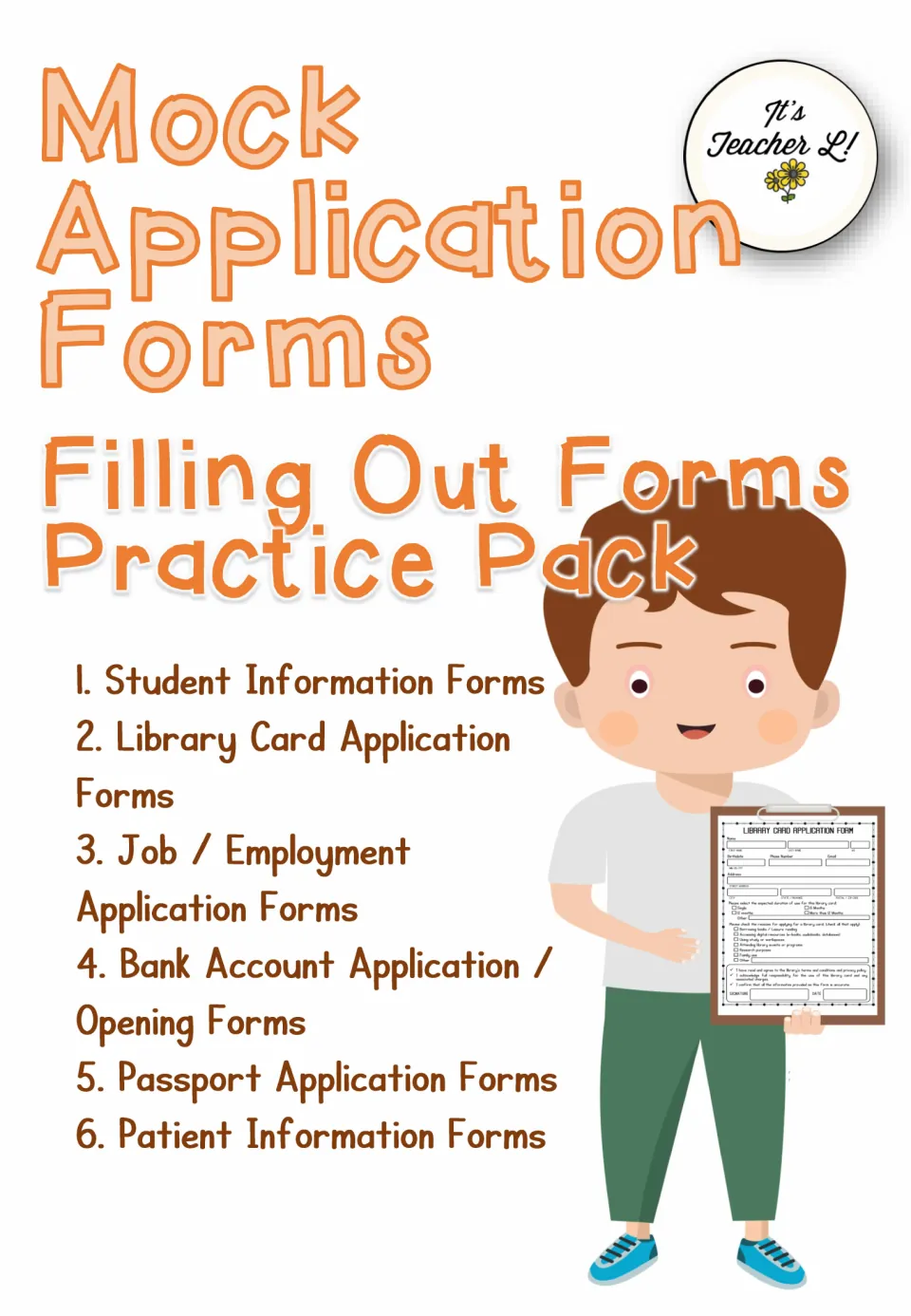 Mock Application Forms cover lists student, library, employment, bank, passport, and patient forms.