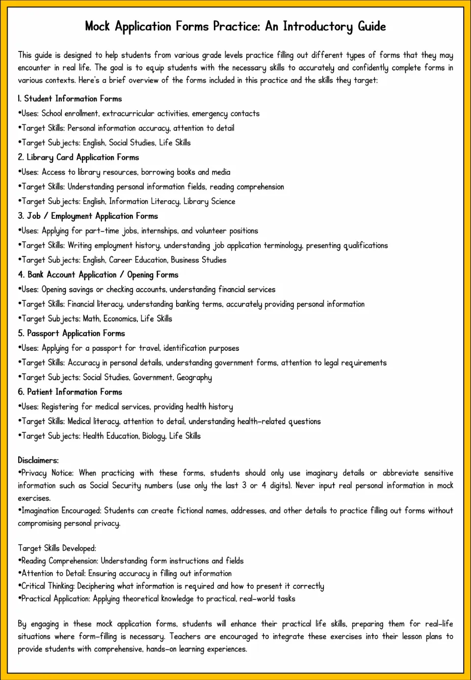 Introductory guide explains six mock form types, target skills, and using imaginary personal details.