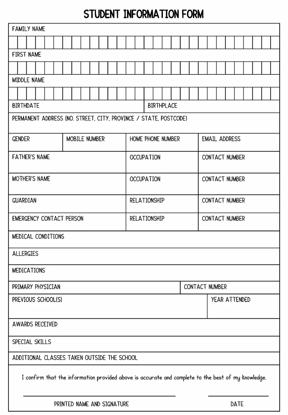 First student information practice form requests names, emergency contacts, medical details, and school history.