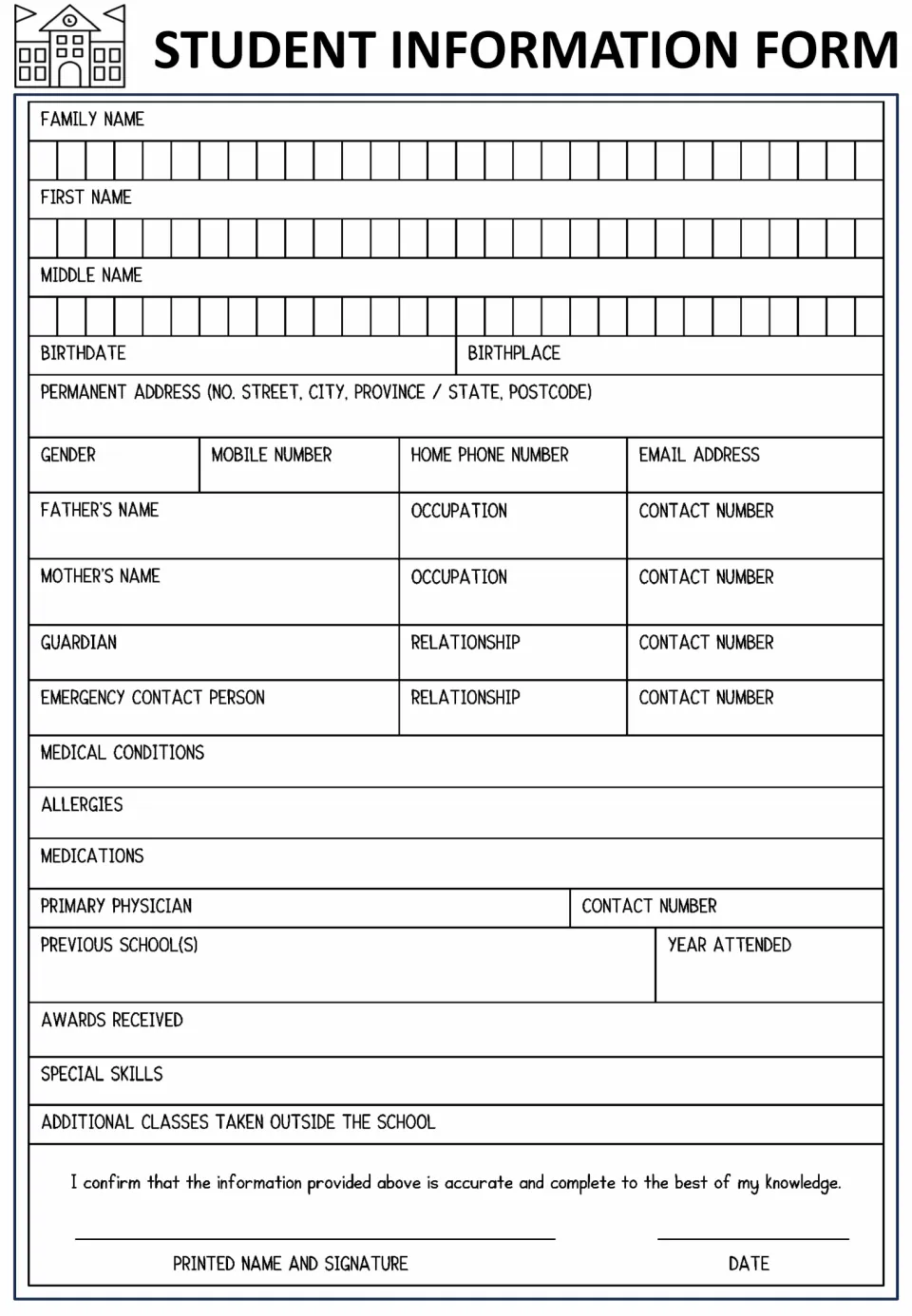 Second student information practice form includes birthdate, birthplace, parent occupations, and contact numbers.