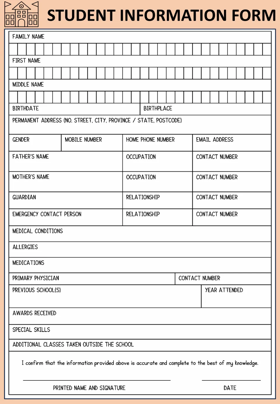 Third student information practice form asks for an address, guardian, allergies, medications, and physician.