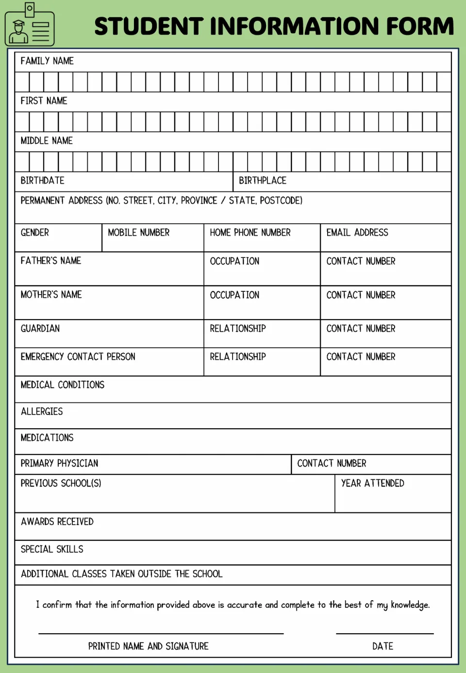 Fourth student information practice form requests school history, awards, special skills, and extra classes.