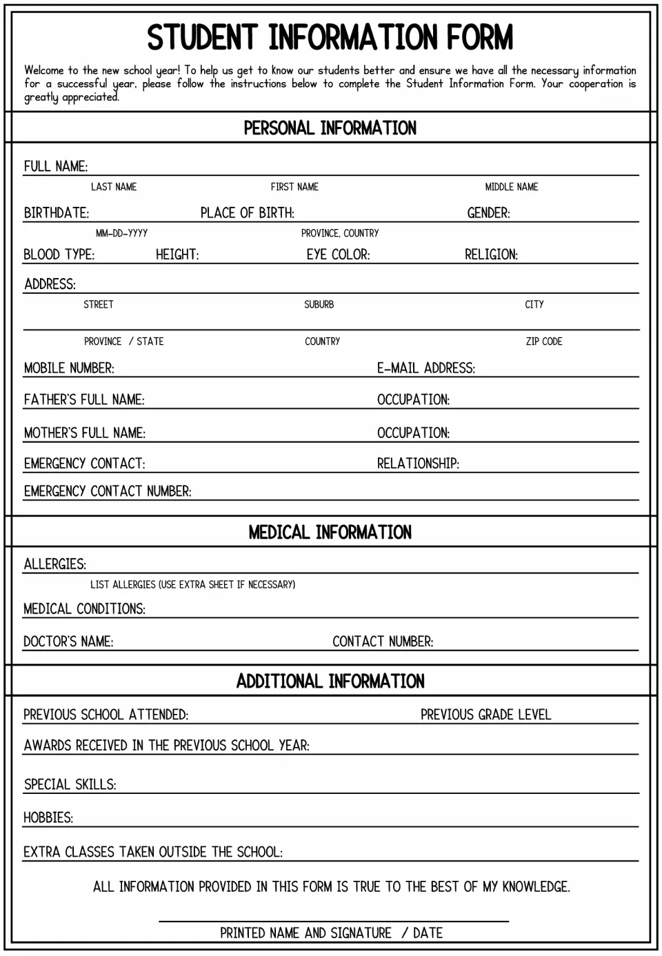 Fifth student information practice form groups personal, medical, and additional details, including hobbies.