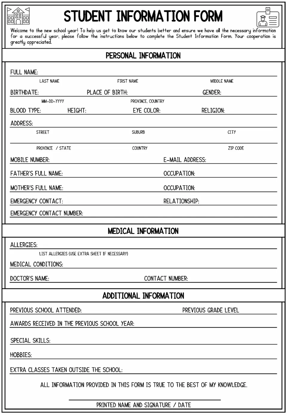 Sixth student information practice form asks for blood type, height, eye color, religion, and emergency contacts.