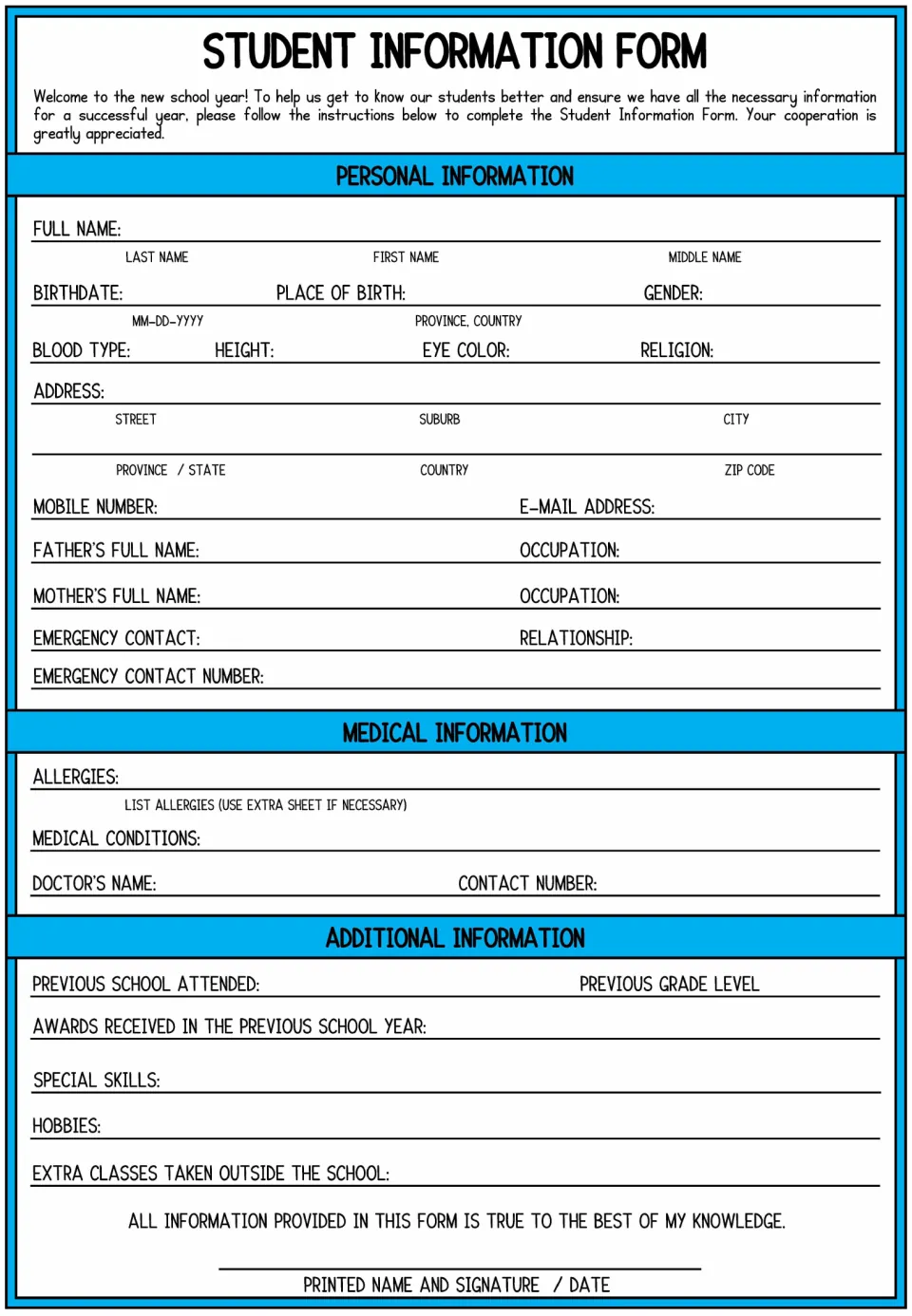 Seventh student information practice form includes allergies, doctor's contact details, prior grade, and awards.