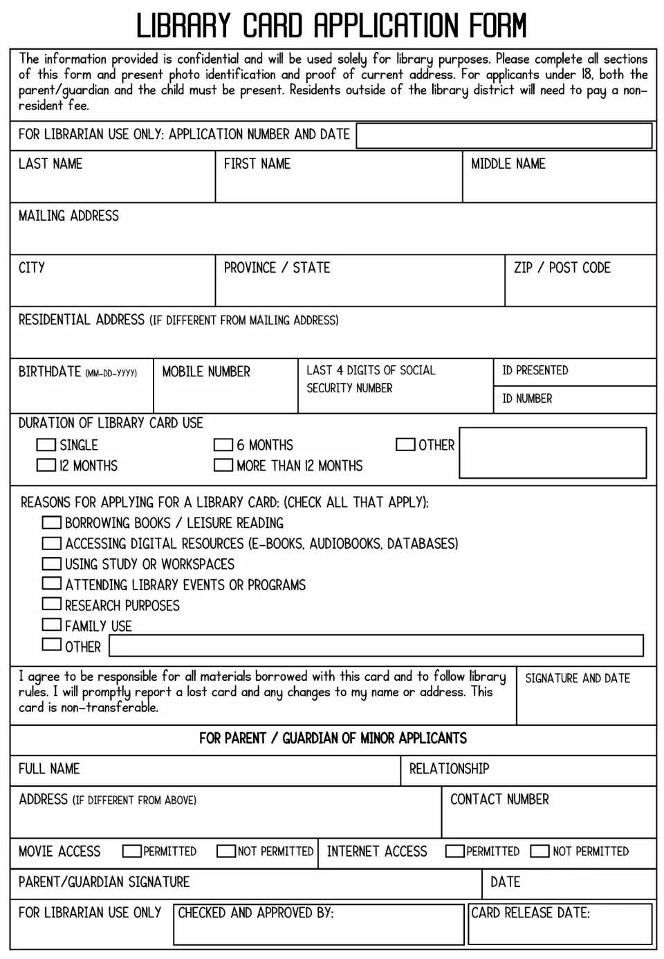 Library card application practice form requests applicant details, reasons for use, and parent permissions.