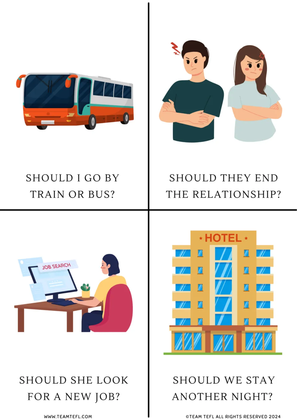 Should question flashcards 1–4: choosing transportation, ending a relationship, finding a job, and staying longer
