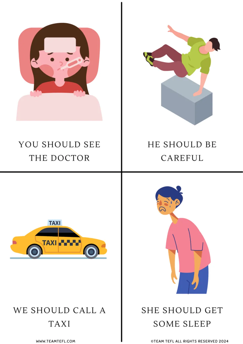 Should advice flashcards 5–8: see the doctor, be careful, call a taxi, and get some sleep, with pictures