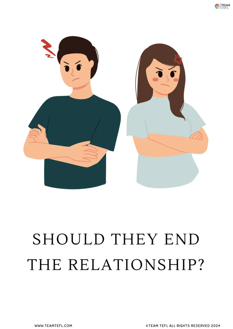 Full-page version of flashcard 2: an upset couple illustrates 'Should they end the relationship?'
