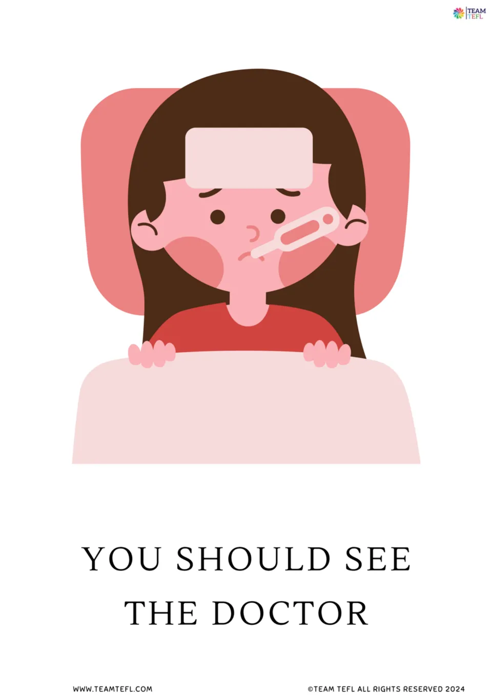 Full-page version of flashcard 5: a sick person in bed illustrates the advice 'You should see the doctor'