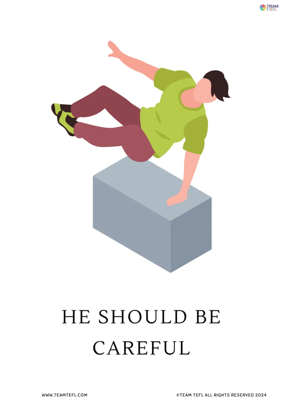 Full-page version of flashcard 6: a person vaulting over an obstacle illustrates 'He should be careful'