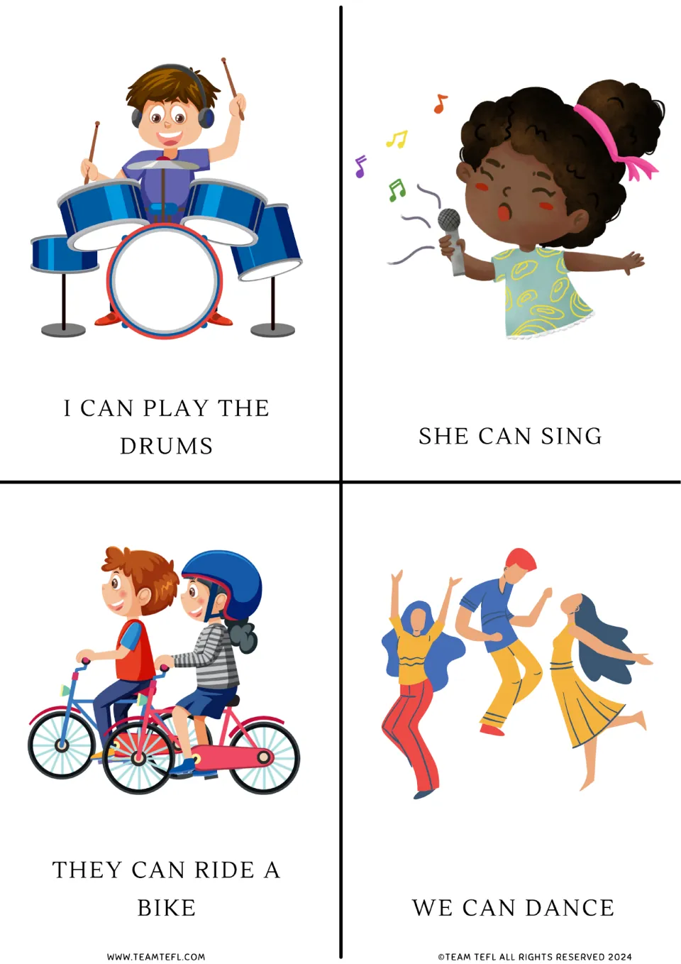 Modal verb can flashcards: I can play the drums, she can sing, they can ride a bike and we can dance, each illustrated