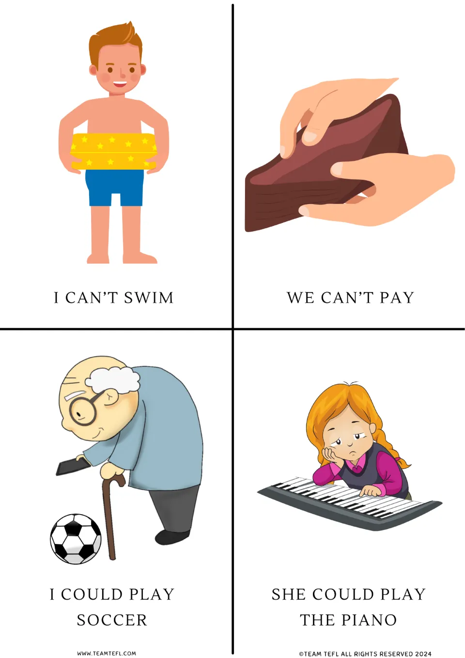 Can't and could flashcards: I can't swim, we can't pay, I could play soccer and she could play the piano, each illustrated