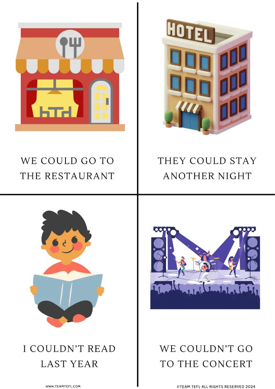 Could and couldn't cards: restaurant, hotel stay, reading last year and a missed concert, each with a modal sentence