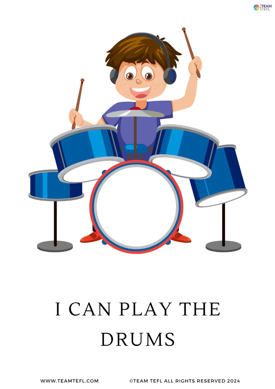 Full-page flashcard for ability with can: a boy at a drum kit illustrates the sentence I can play the drums