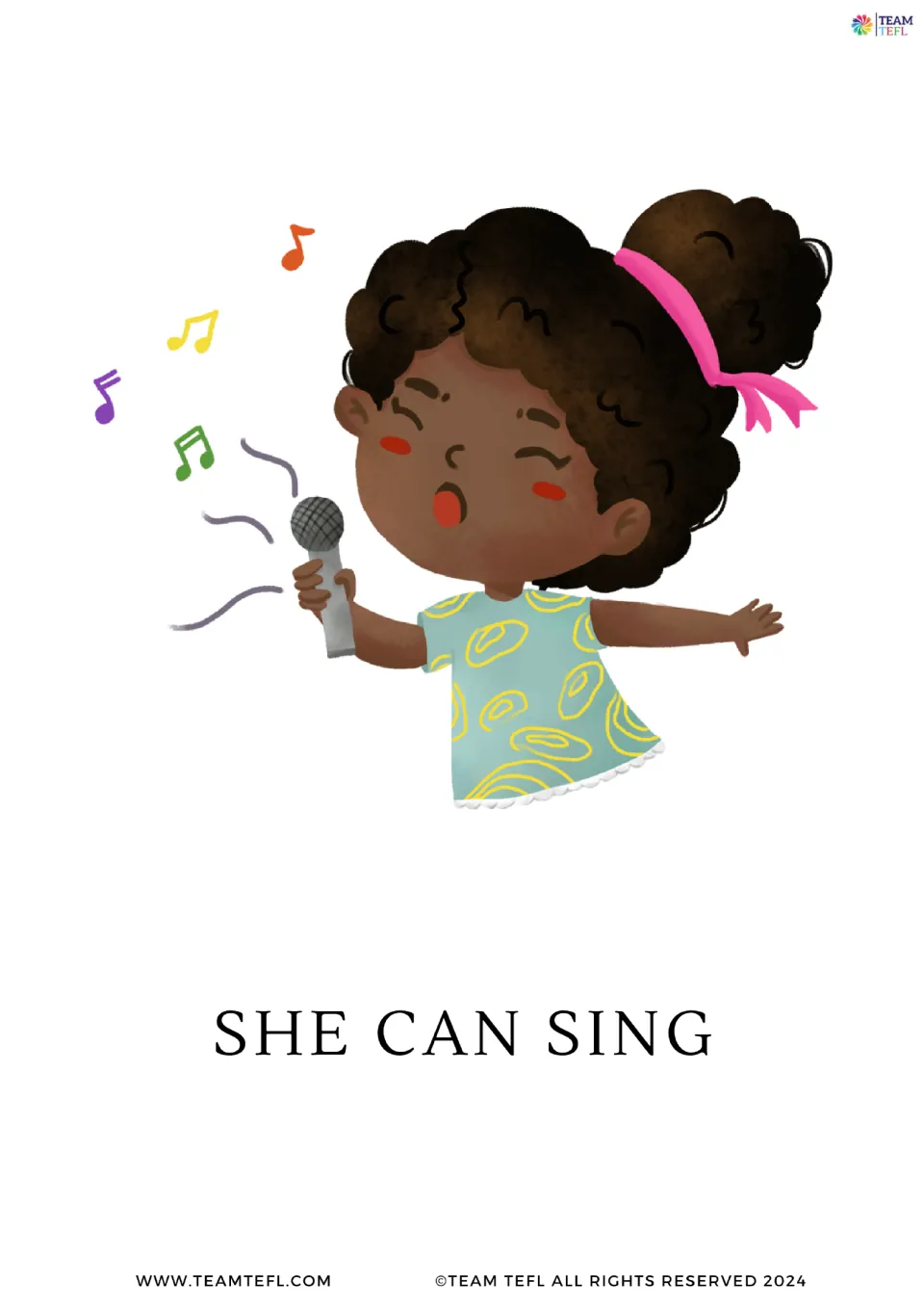 Full-page flashcard for can with she: a girl singing into a microphone illustrates the sentence She can sing