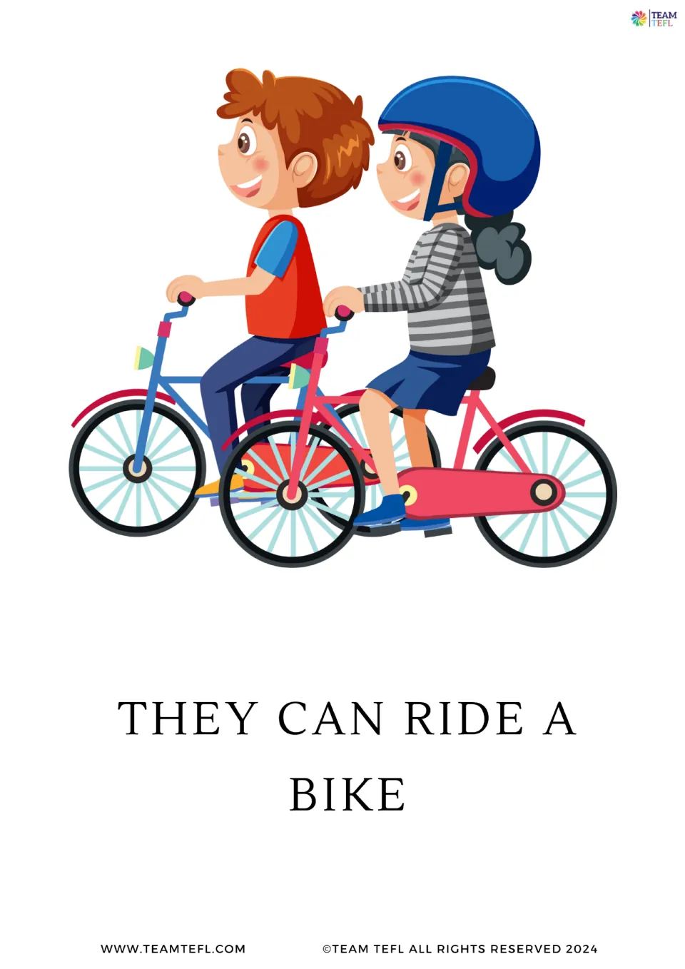 Full-page flashcard for can with they: two children riding bicycles illustrate the sentence They can ride a bike
