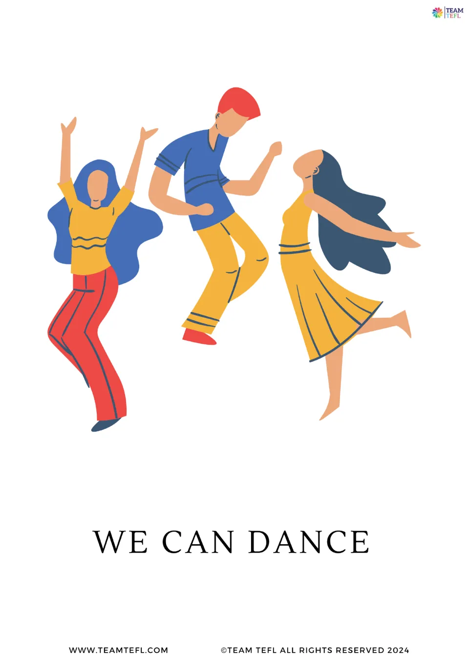 Full-page flashcard for can with we: three people dancing illustrate the sentence We can dance