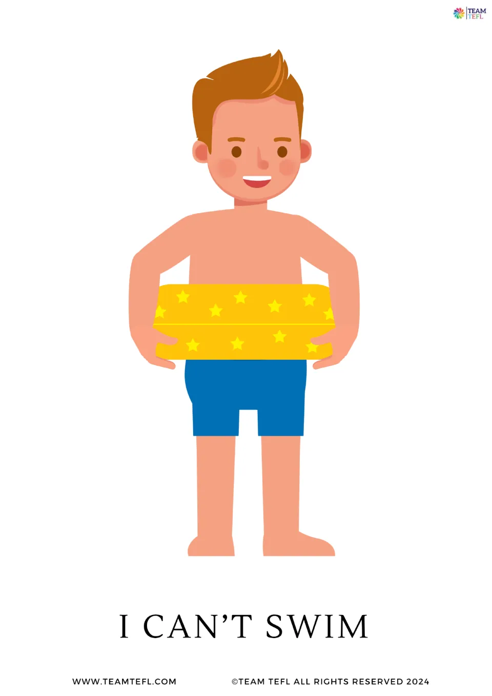 Full-page flashcard for the negative can't: a boy holding a swim ring illustrates the sentence I can't swim