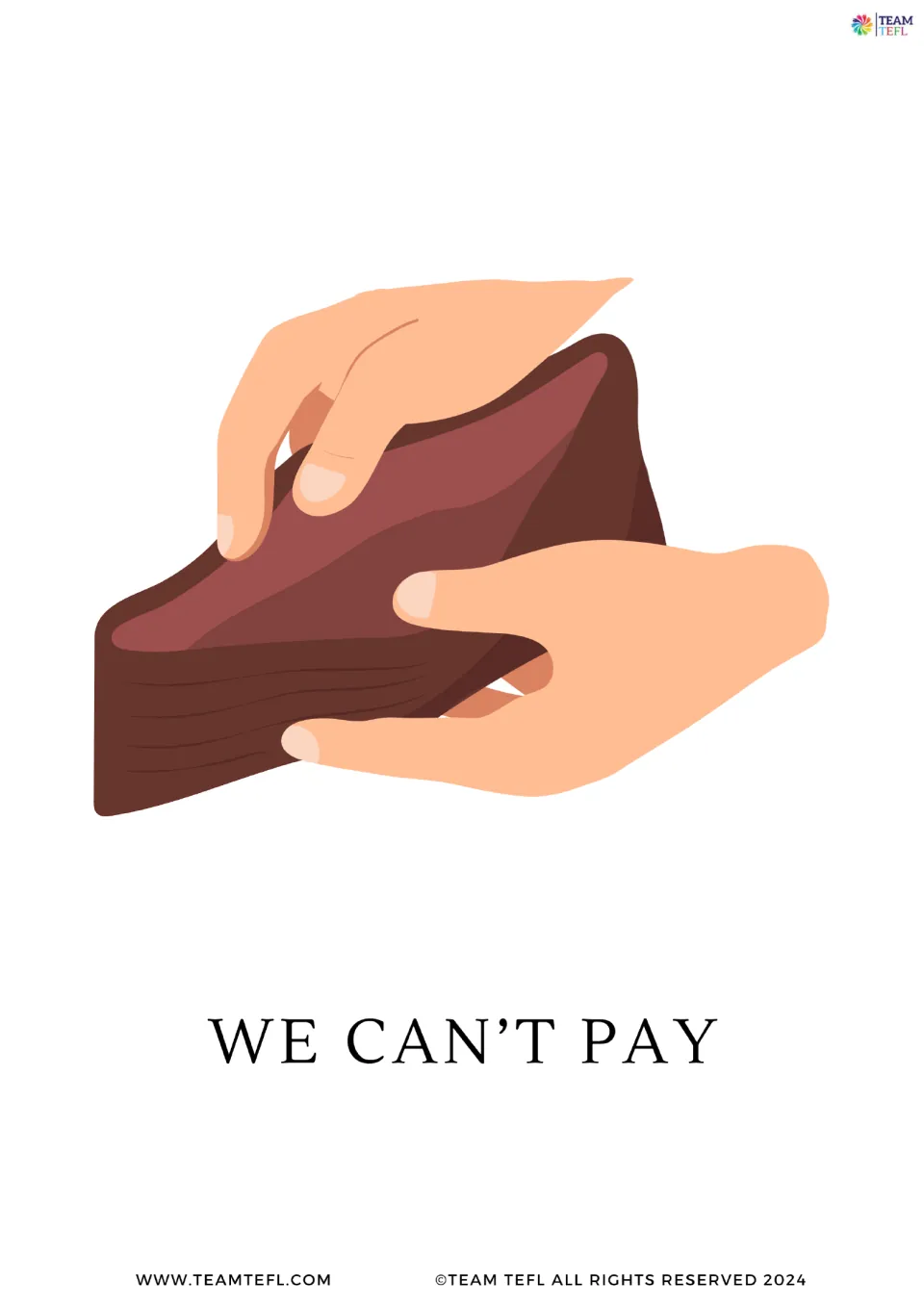 Flashcard for can't with we: two hands opening an empty brown wallet illustrate the sentence We can't pay