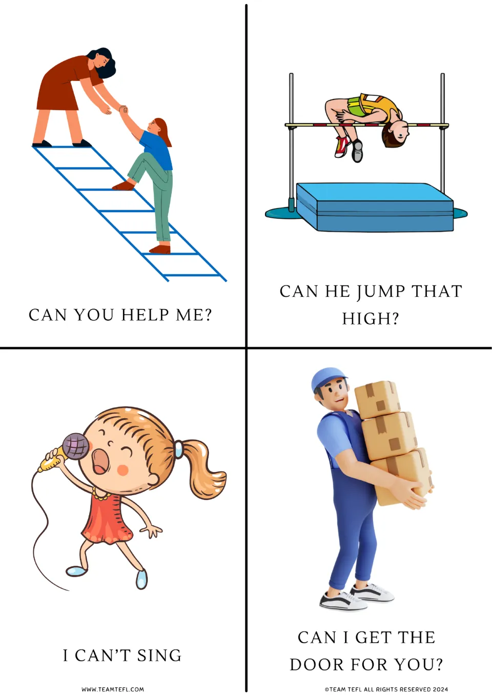 Modal verb flashcards 1–4: asking for help, jumping high, inability to sing, and offering to get the door.