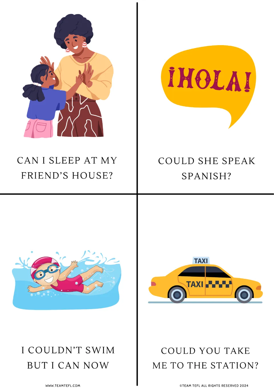 Modal verb flashcards 5–8: sleepover permission, speaking Spanish, swimming, and a request for a taxi ride.
