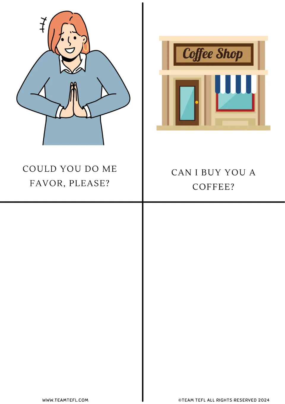 Modal verb flashcards 9–10: 'Could you do me a favor, please?' and 'Can I buy you a coffee?' with pictures.