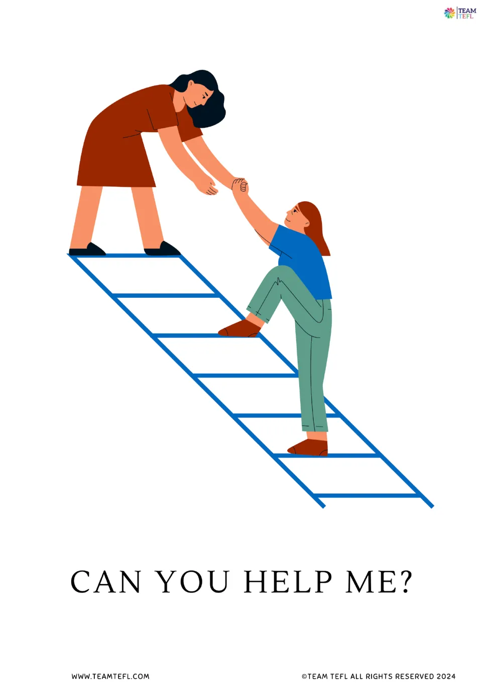 Full-page version of flashcard 1: 'Can you help me?' with a person helping another person climb a ladder.