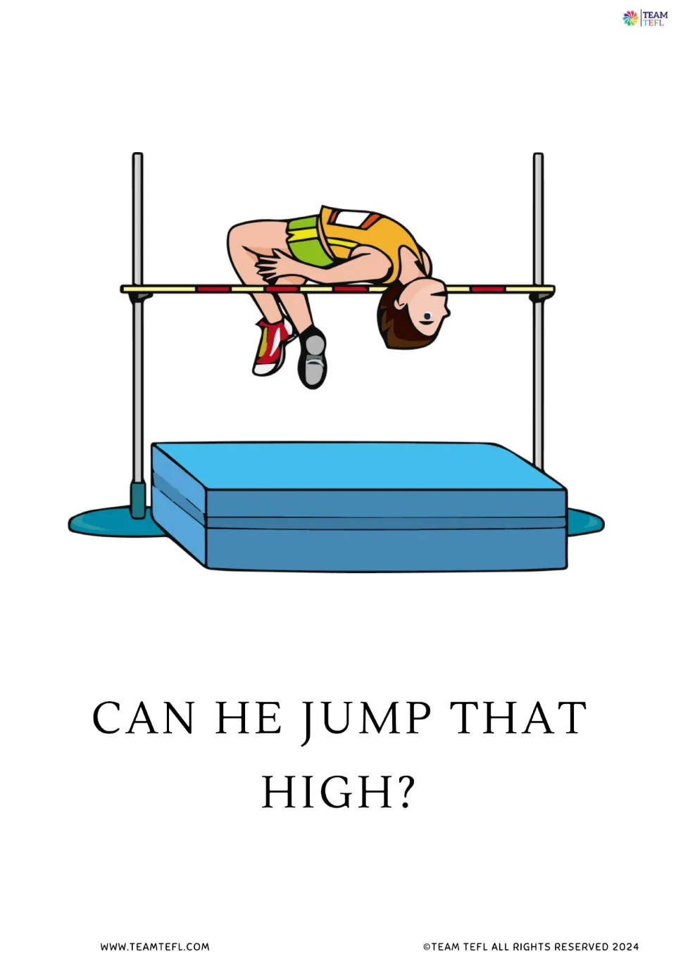 Full-page version of flashcard 2: 'Can he jump that high?' with an athlete jumping over a high-jump bar.
