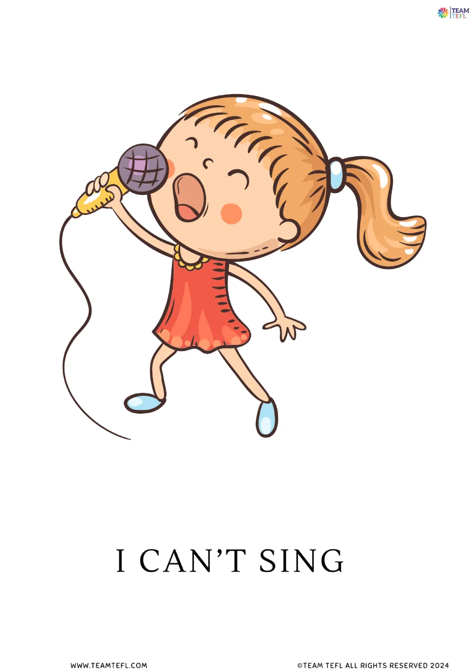 Full-page version of flashcard 3: 'I can’t sing' illustrates inability with a child holding a microphone.