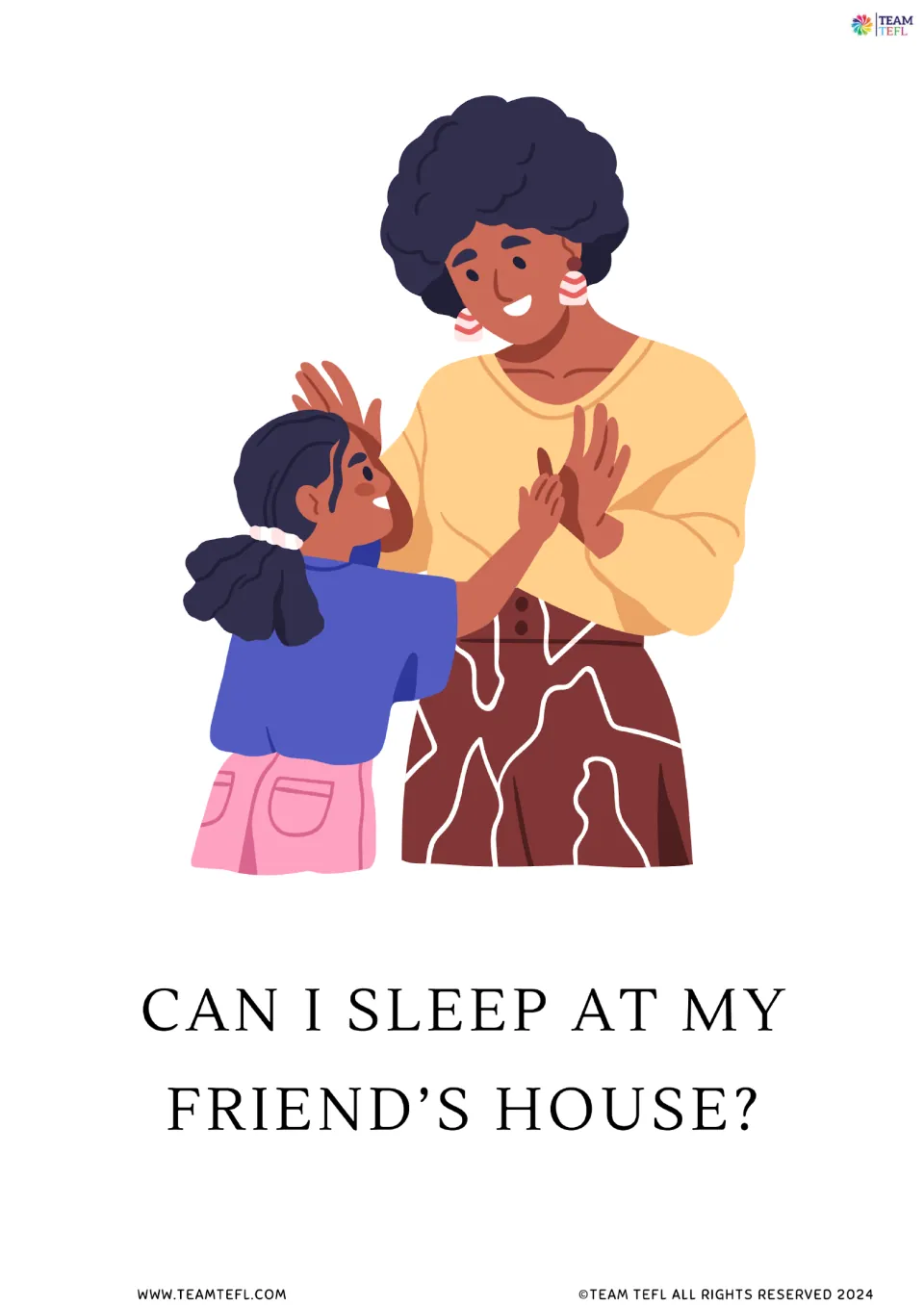Full-page version of flashcard 5: 'Can I sleep at my friend’s house?' with a child talking to an adult.
