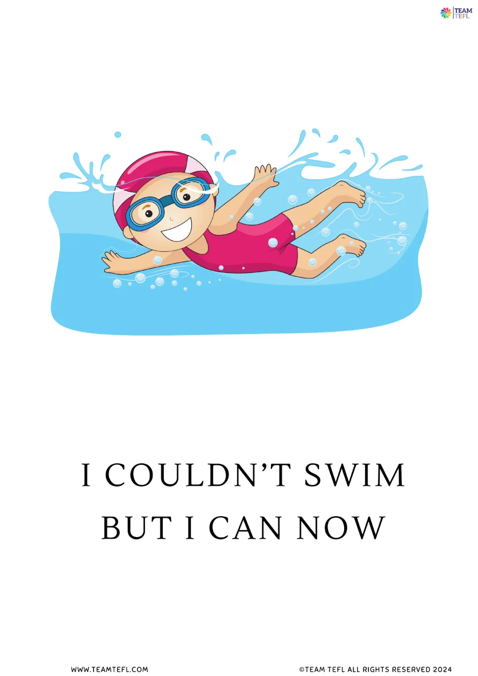 Full-page version of flashcard 7: 'I couldn’t swim but I can now' with a child swimming in goggles.