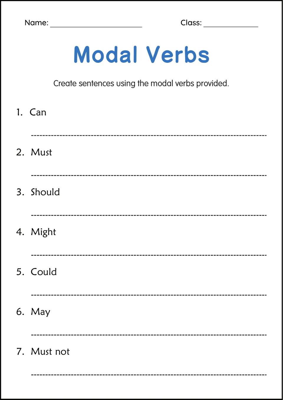 Writing with modals: students compose their own sentence for each of can, must, should, might, could, may and must not