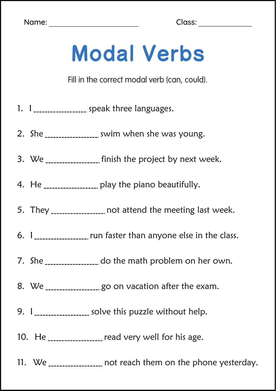 Can or could: students fill 11 blanks about present and past ability, such as "She ___ swim when she was young"
