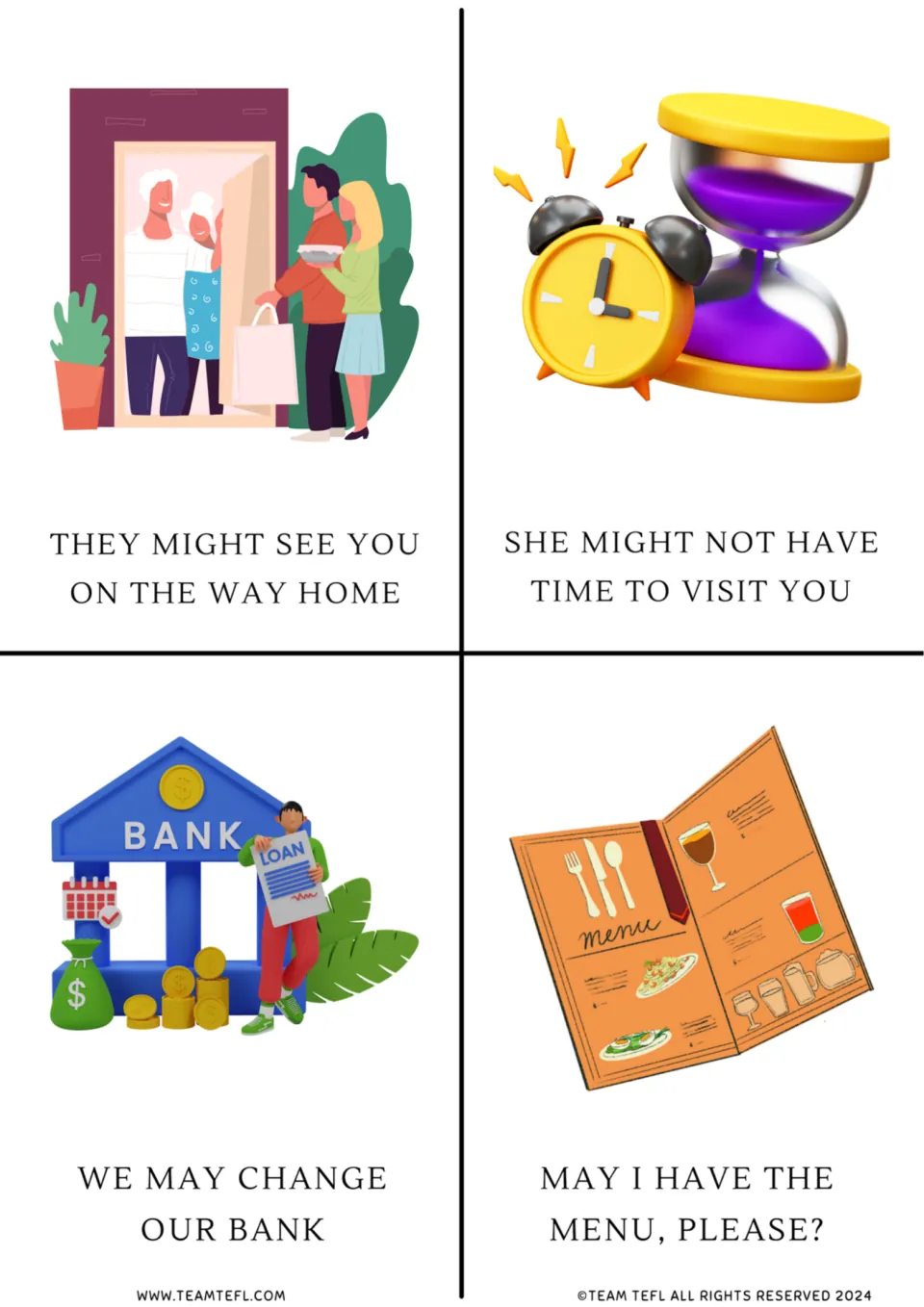 Four grammar flashcards: might see you, might not have time, may change our bank, and requesting a menu