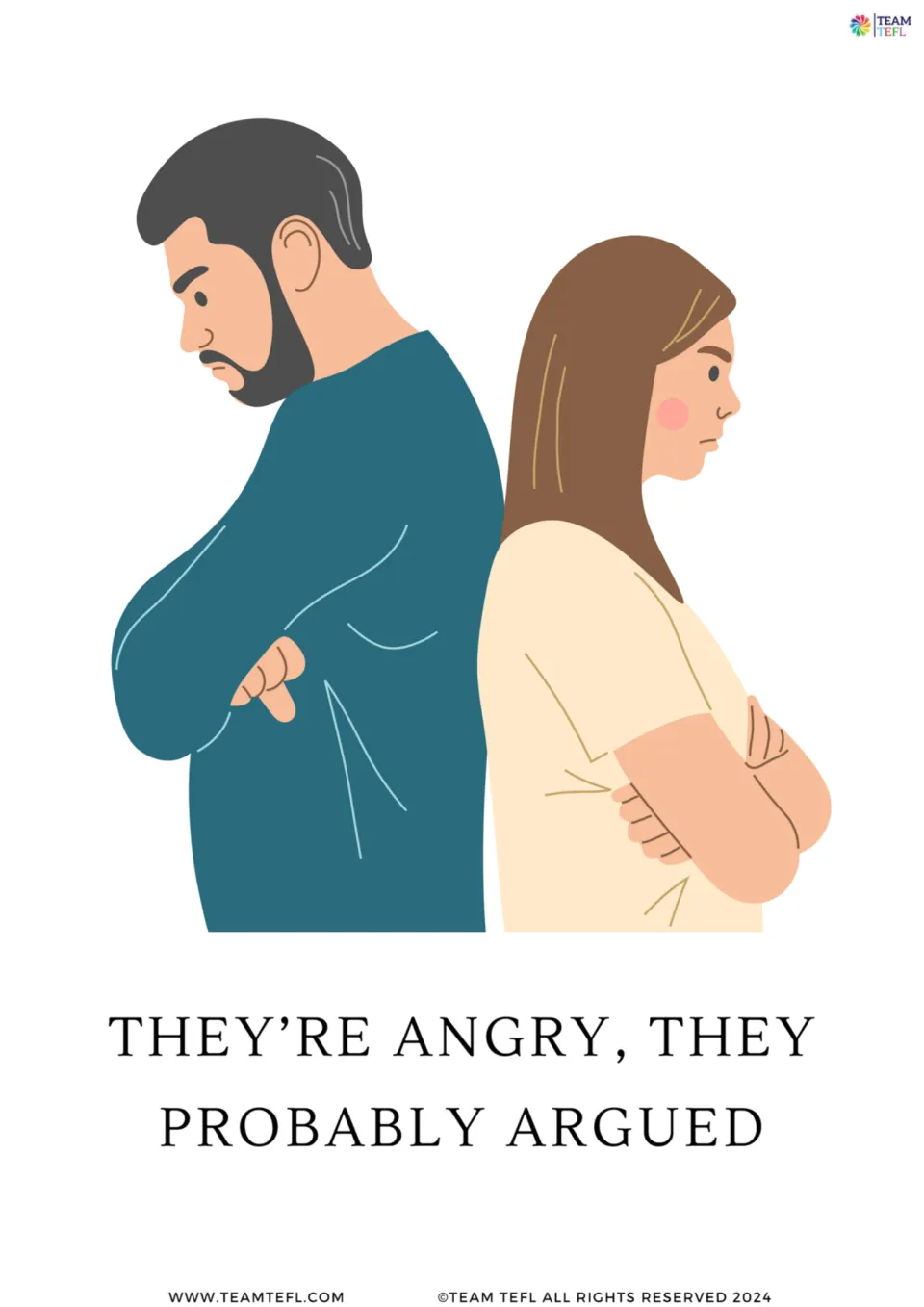 Probably for guesses about the past: They're angry, they probably argued, shown with two people standing back to back
