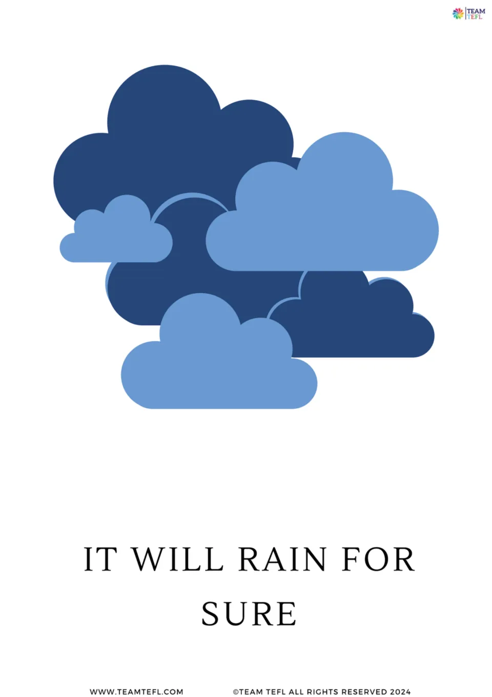 Full-page will flashcard: “It will rain for sure,” illustrated by clouds to accompany the prediction