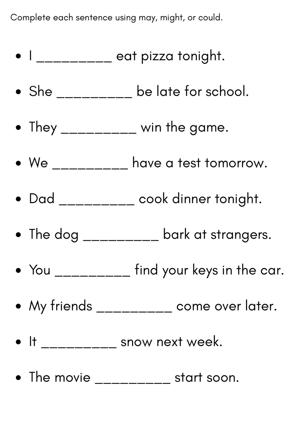 Modal verb fill-in: students complete 10 sentences with may, might or could, from eating pizza tonight to a movie starting