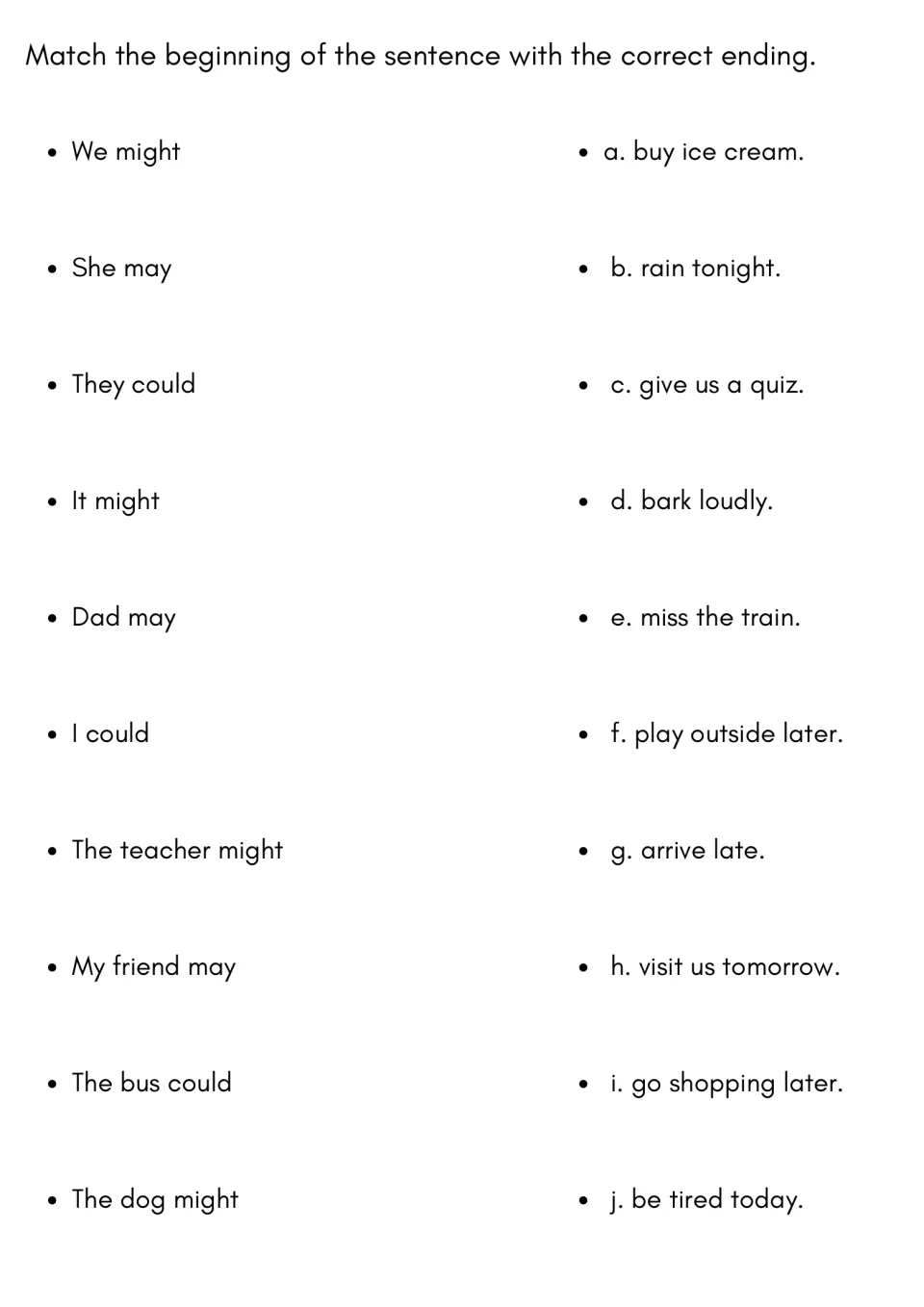 Sentence matching with modals: students match 10 beginnings like "We might" to endings a to j such as "buy ice cream"