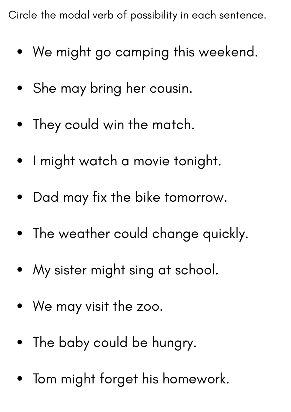 Identifying modal verbs: students circle the modal of possibility in 10 sentences like "We might go camping this weekend"